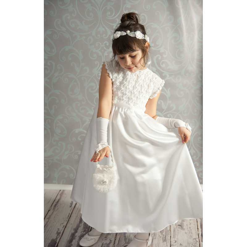 Handmade Communion Crochet Dress Style Satin Flower Handmade Communion Crochet Dress Style Satin Flower